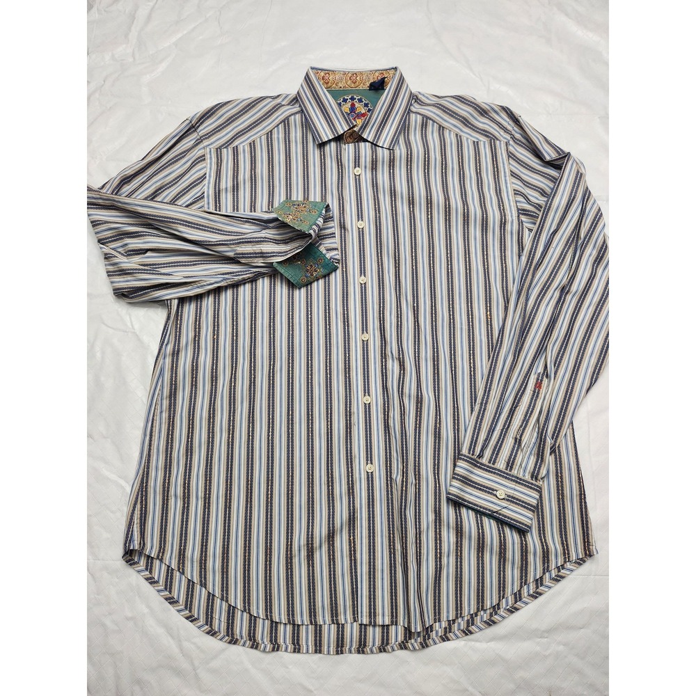 Robert Graham Shirt Mens XL Blue Stripe Button Up Cotton Silk Embroidered Cuffs